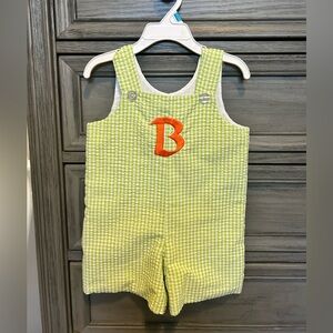 •Green Gingham•Overalls•Shortalls•Orange Initial B•Excellent condition•